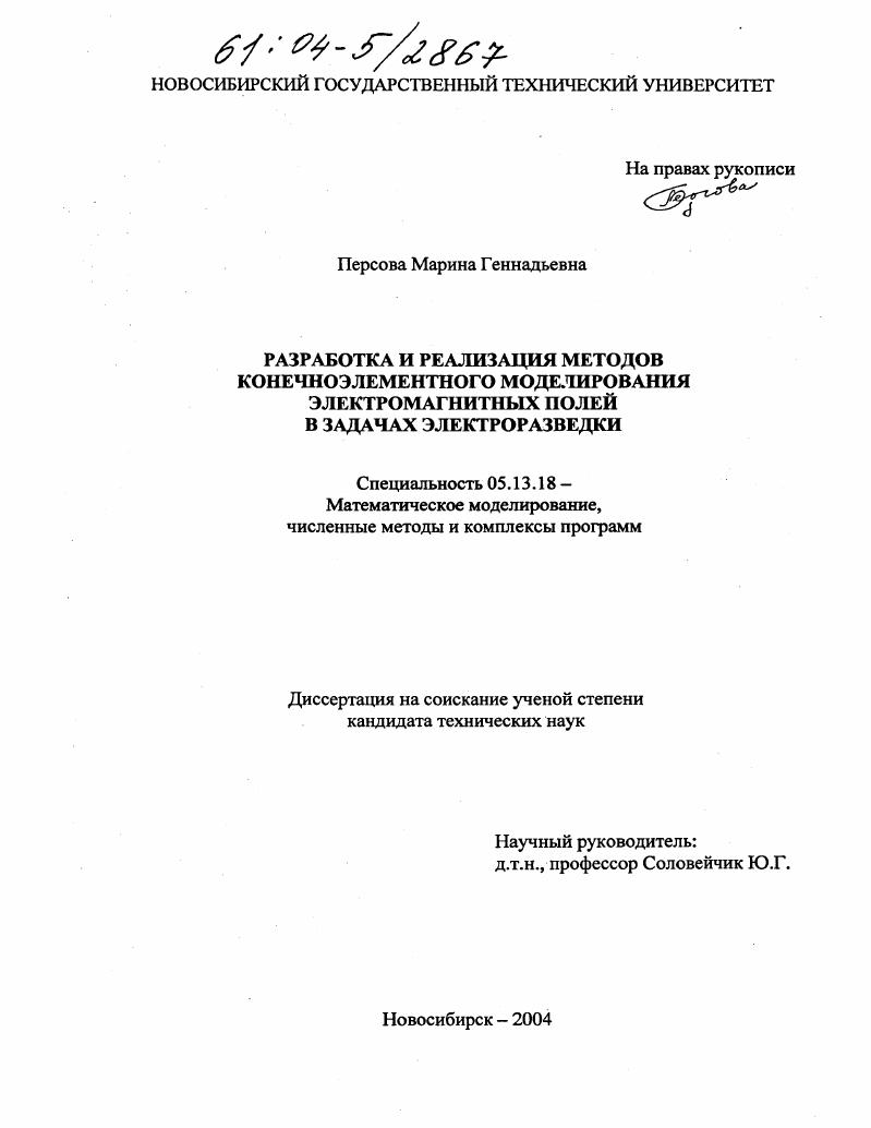 Разработка и реализация методов конечноэлементного моделирования электромагнитных полей в задачах электроразведки