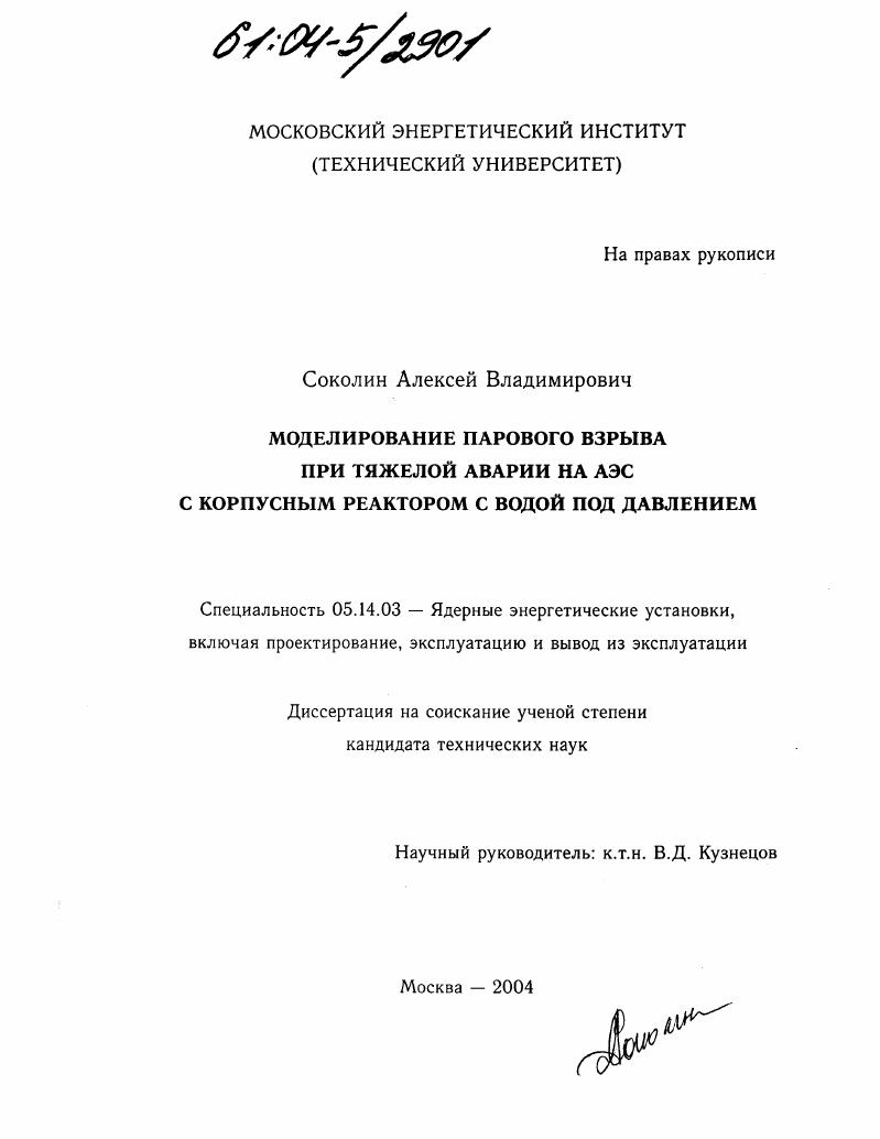 Моделирование парового взрыва при тяжелой аварии на АЭС с корпусным реактором с водой под давлением