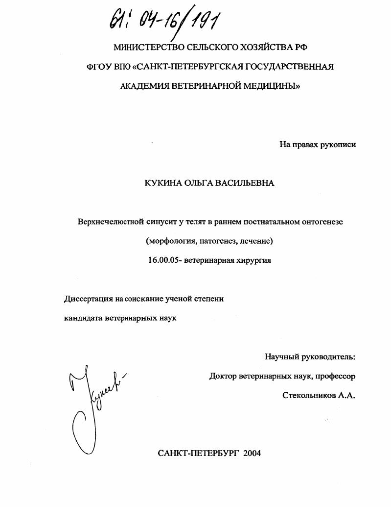 Верхнечелюстной синусит у телят в раннем постнатальном онтогенезе : Морфология, патогенез, лечение