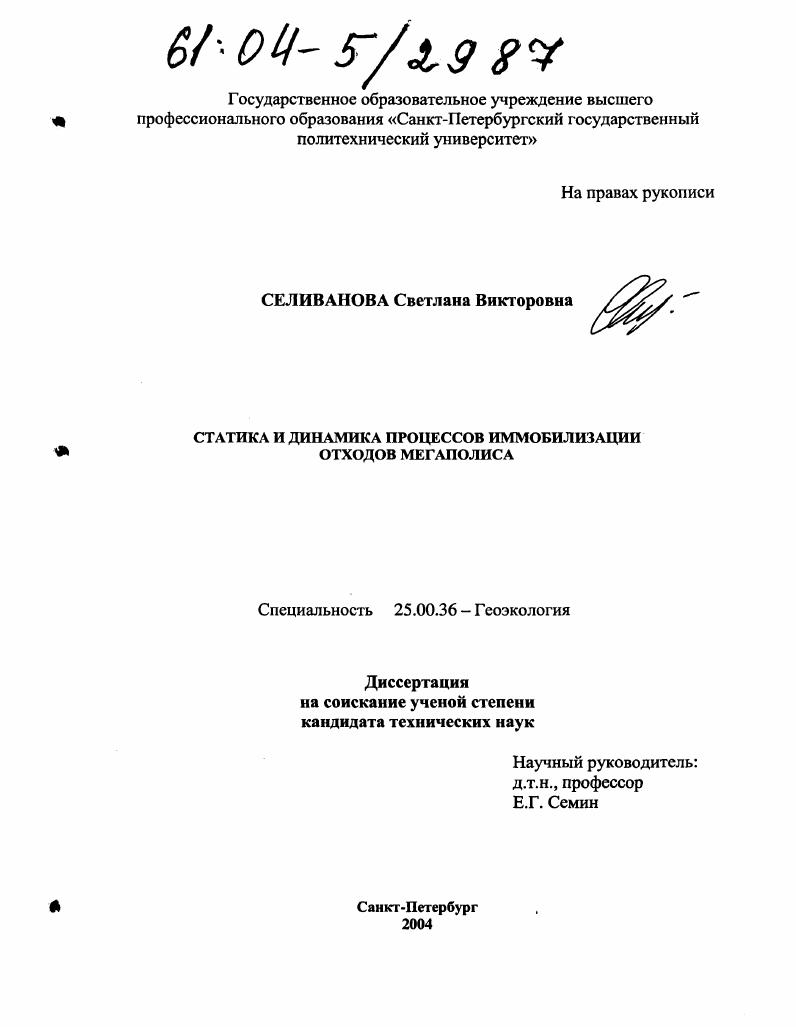 Статика и динамика процессов иммобилизации отходов мегаполиса