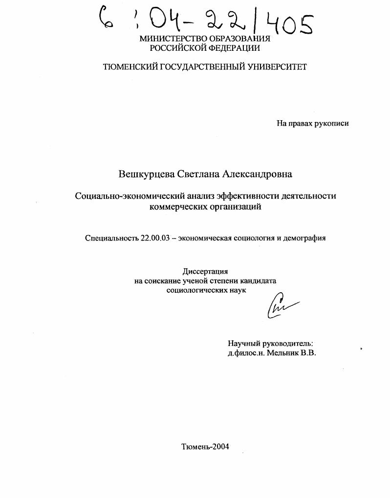 Социально-экономический анализ эффективности деятельности коммерческих организаций