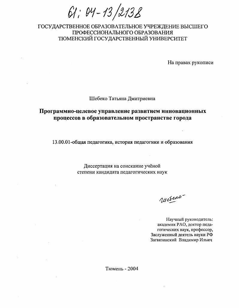 Программно-целевое управление развитием инновационных процессов в образовательном пространстве города