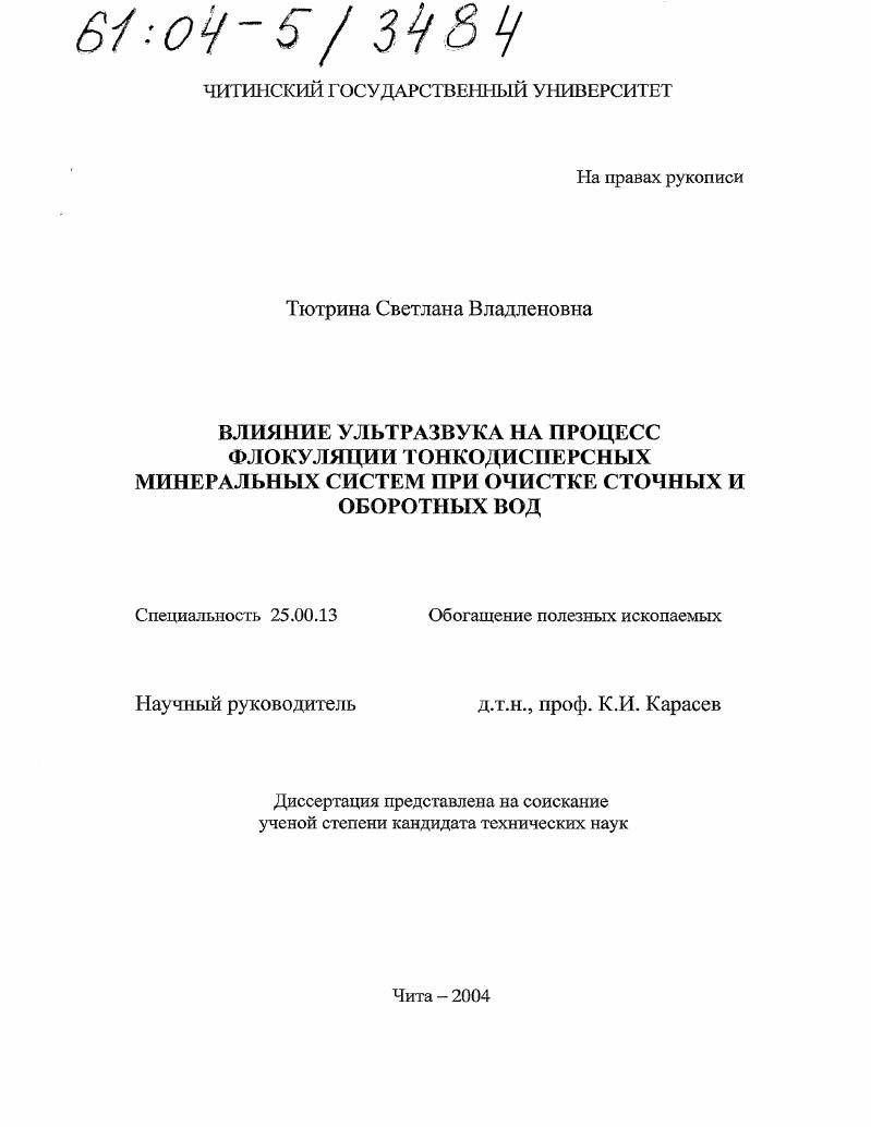 Влияние ультразвука на процесс флокуляции тонкодисперсных минеральных систем при очистке сточных и оборотных вод