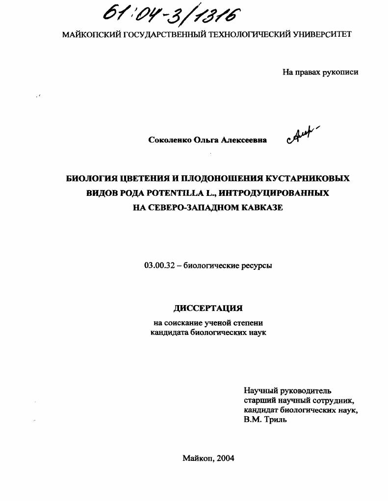 Биология цветения и плодоношения кустарниковых видов рода Potentilla L., интродуцированных на Северо-Западном Кавказе