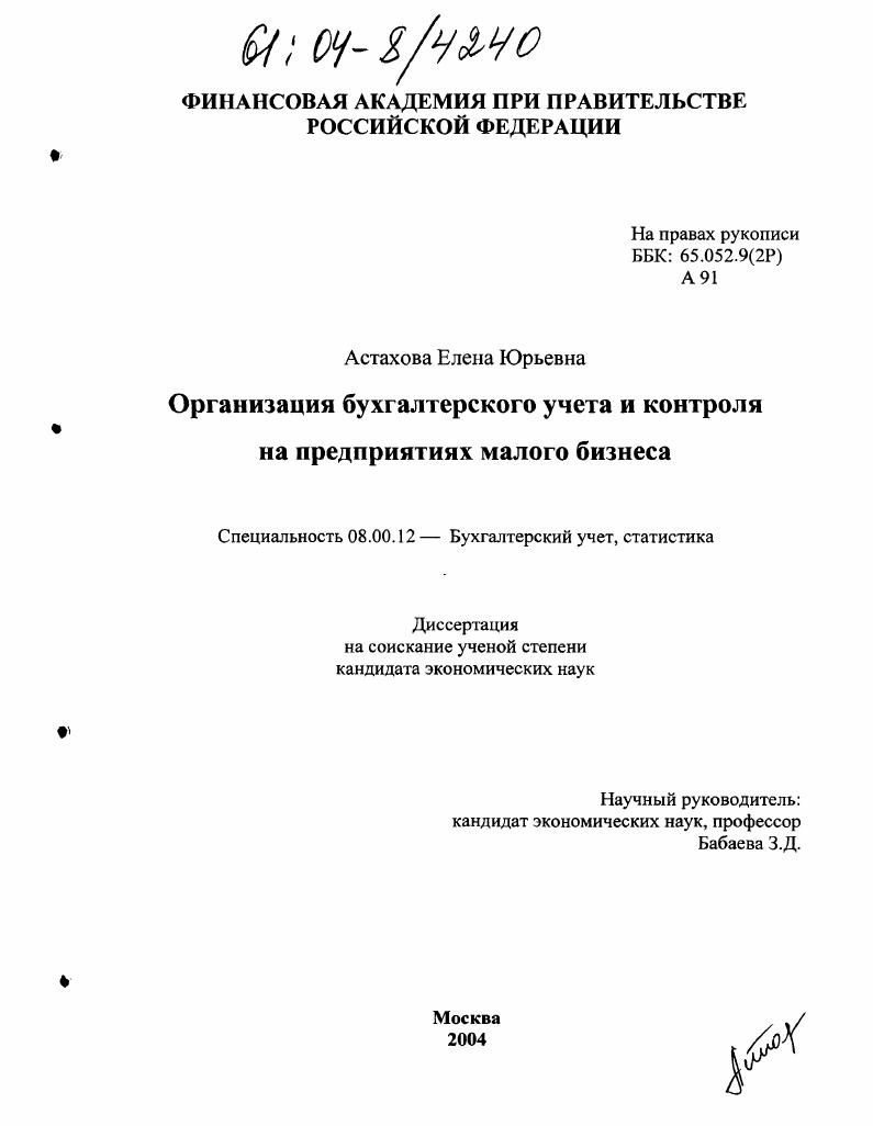 Организация бухгалтерского учета и контроля на предприятиях малого бизнеса