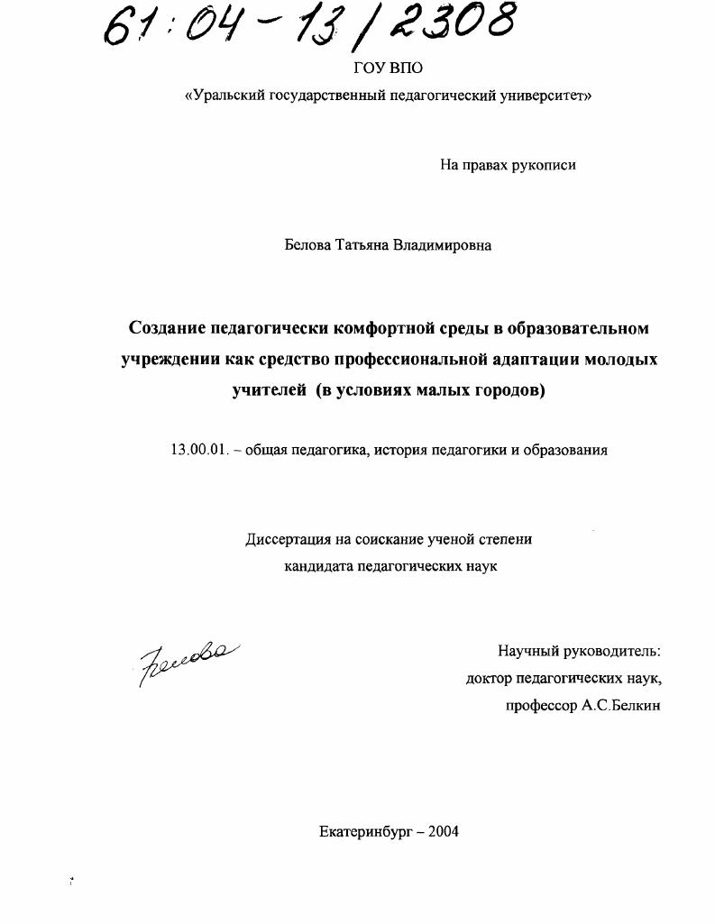 скачать диссертацию Создание педагогически комфортной среды в образовательном учреждении как средство профессиональной адаптации молодых учителей : В условиях малых городов Создание педагогически комфортной среды в образовательном учреждении как средство профессиональной адаптации молодых учителей : В условиях малых городов