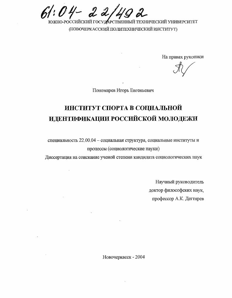 скачать диссертацию Институт спорта в социальной идентификации российской молодежи Институт спорта в социальной идентификации российской молодежи
