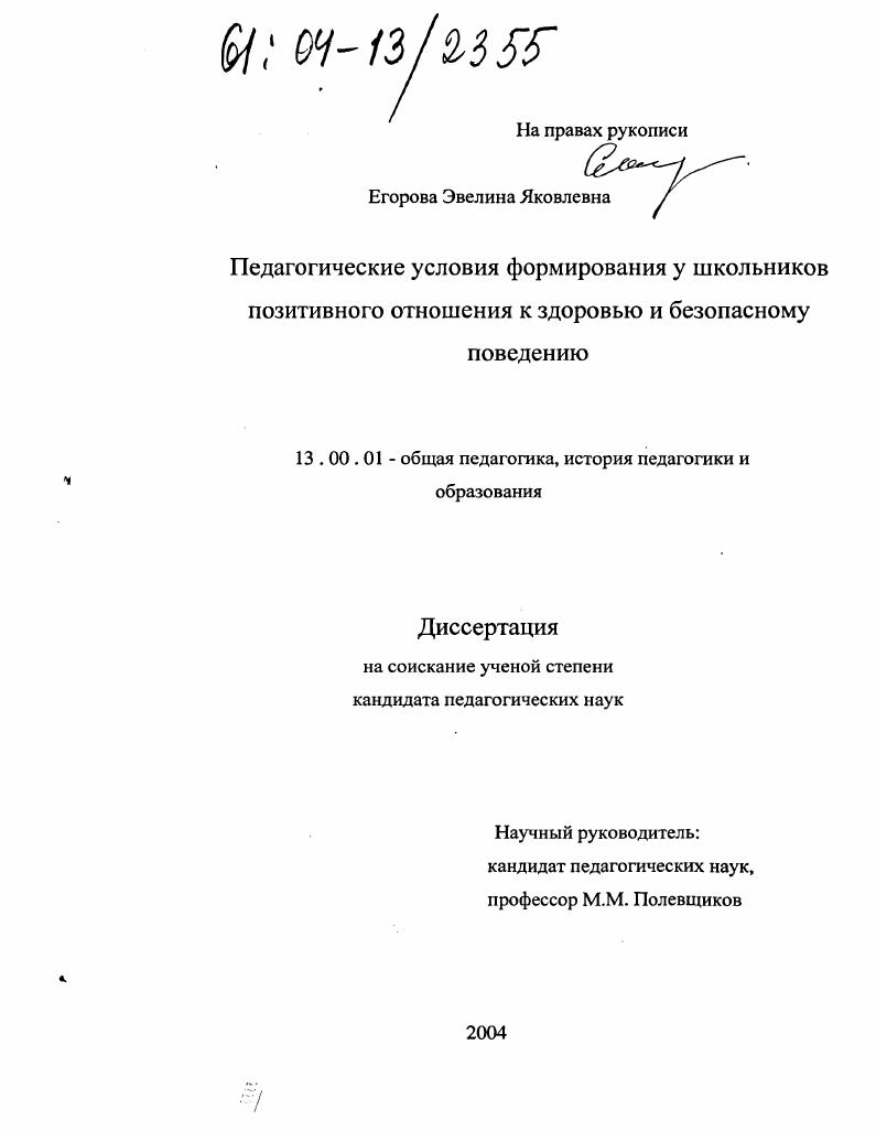 скачать диссертацию Педагогические условия формирования у школьников позитивного отношения к здоровью и безопасному поведению Педагогические условия формирования у школьников позитивного отношения к здоровью и безопасному поведению