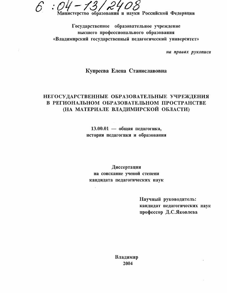 Негосударственные образовательные учреждения в региональном образовательном пространстве : На материале Владимирской области