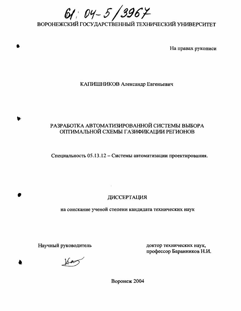 Разработка автоматизированной системы выбора оптимальной схемы газификации регионов