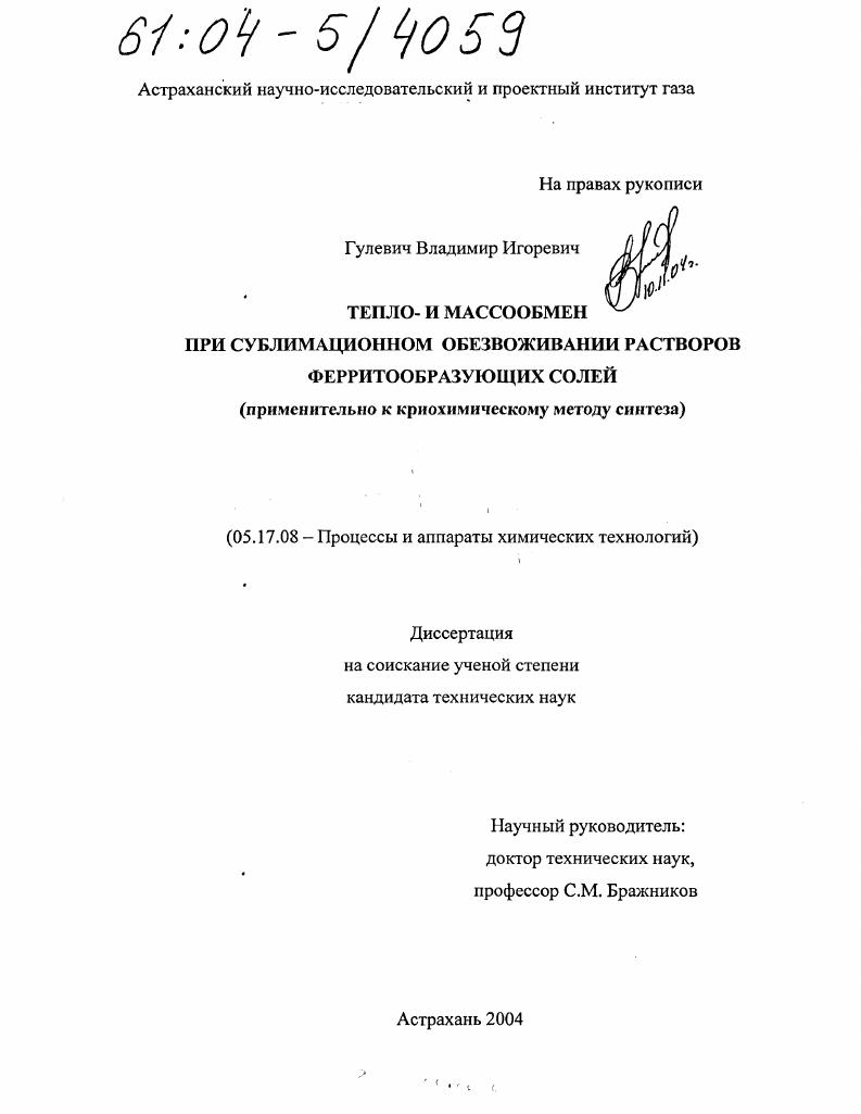 Тепло - и массообмен при сублимационном обезвоживании растворов ферритообразующих солей : Применительно к криохимическому методу синтеза