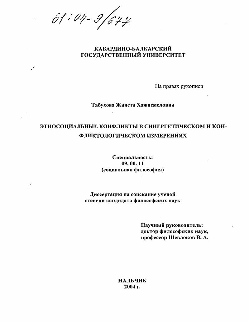 Этносоциальные конфликты в синергетическом и конфликтологическом измерениях