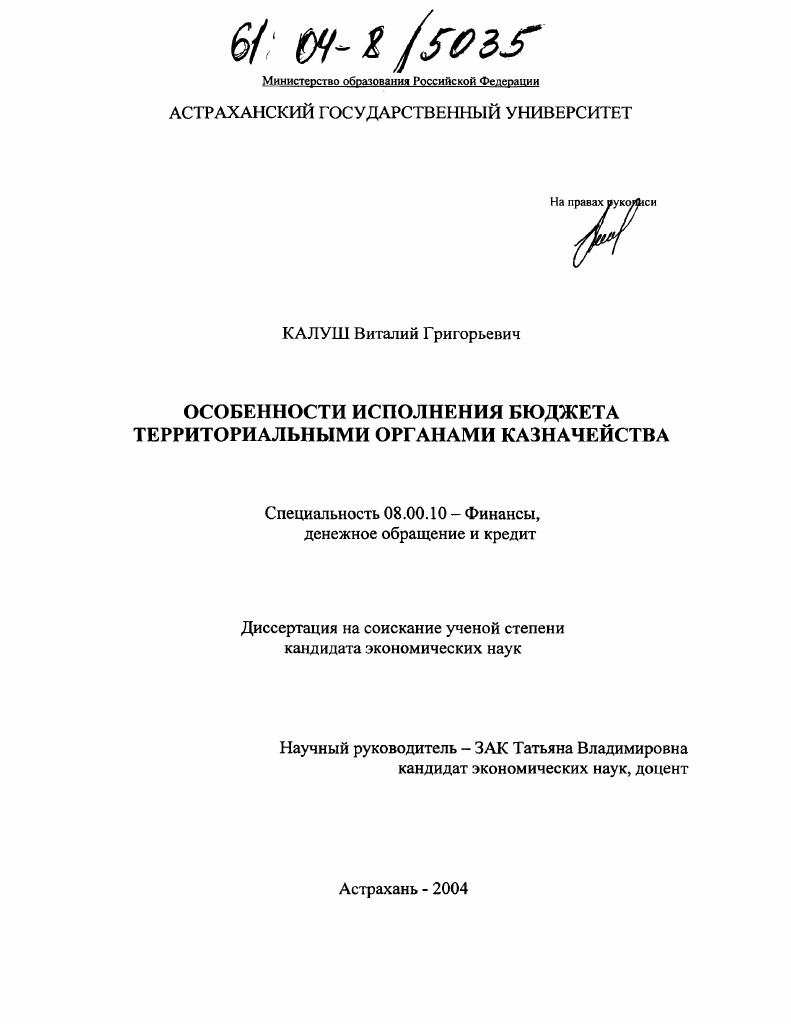 скачать диссертацию Особенности исполнения бюджета территориальными органами казначейства Особенности исполнения бюджета территориальными органами казначейства