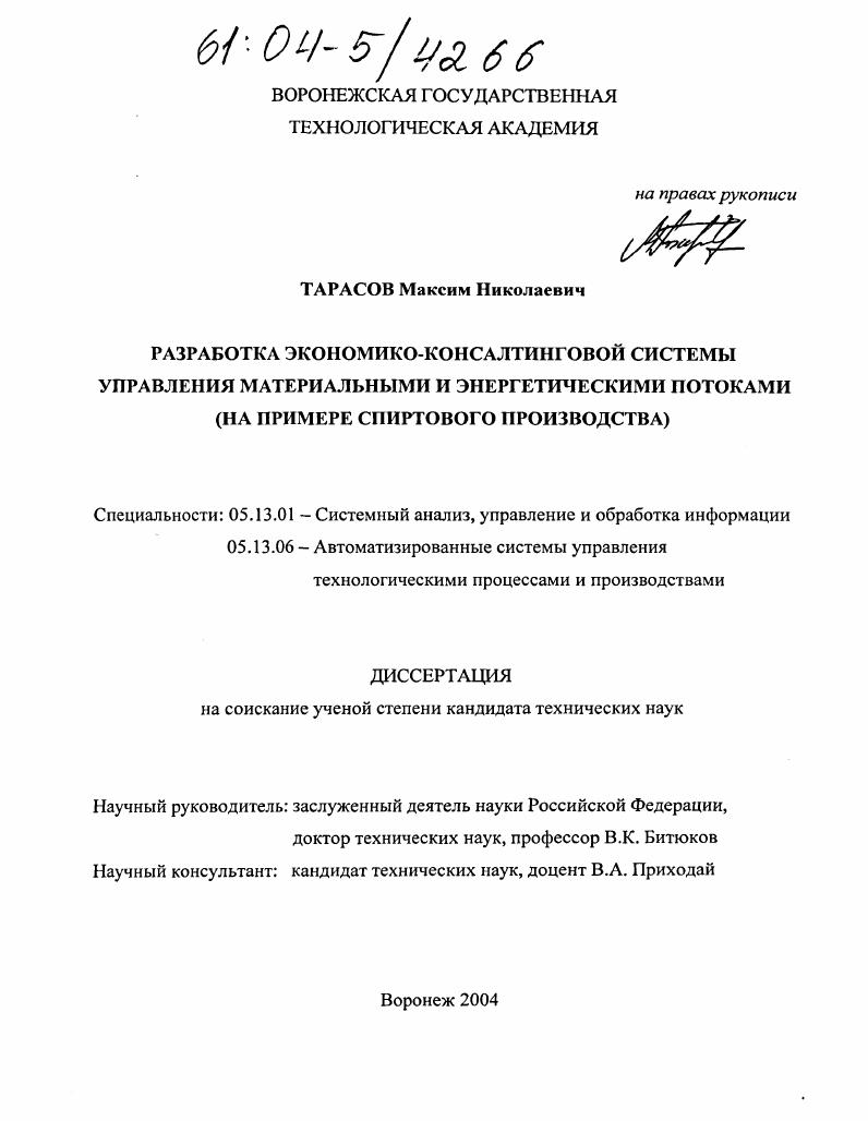 Разработка экономико-консалтинговой системы управления материальными и энергетическими потоками : На примере спиртового производства