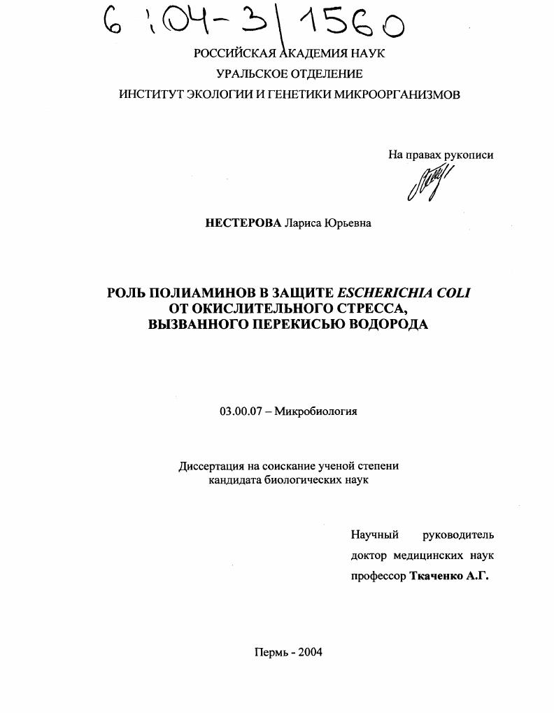 Роль полиаминов в защите Escherichia Coli от окислительного стресса, вызванного перекисью водорода