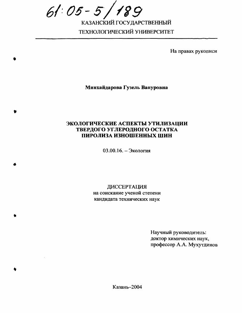 скачать диссертацию Экологические аспекты утилизации твердого углеродного остатка пиролиза изношенных шин Экологические аспекты утилизации твердого углеродного остатка пиролиза изношенных шин