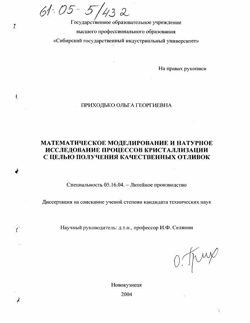 Математическое моделирование и натурное исследование процессов кристаллизации с целью получения качественных отливок