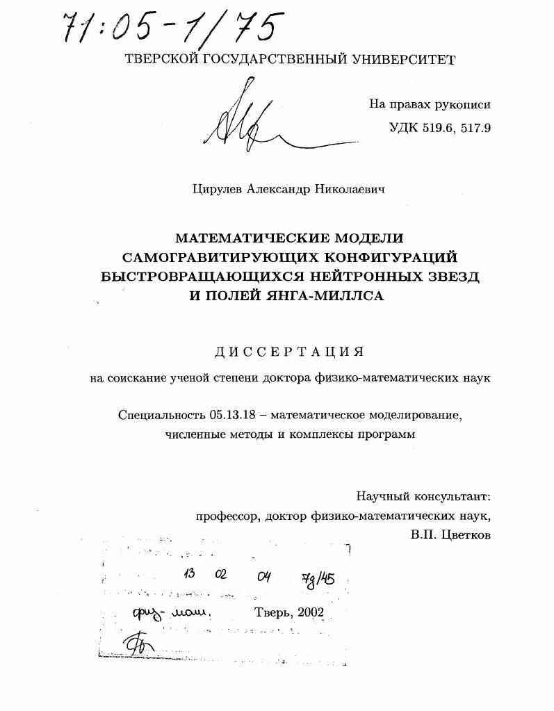 Математические модели самогравитирующих конфигураций быстровращающихся нейтронных звезд и полей Янга-Миллса