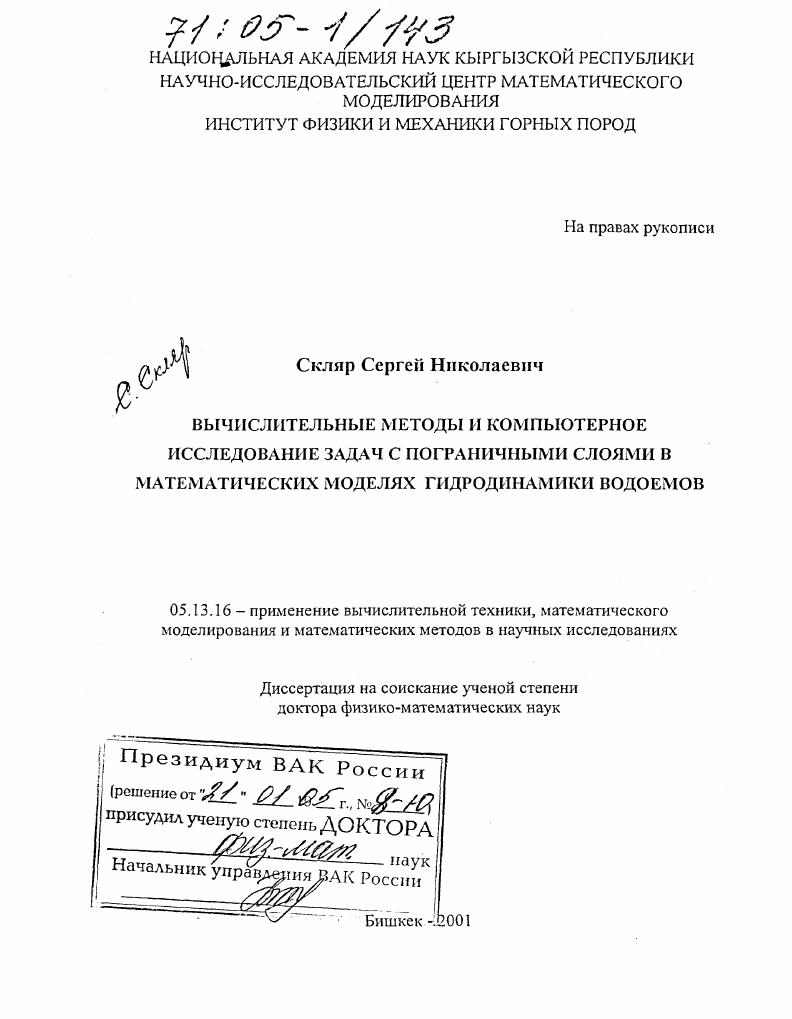 Вычислительные методы и компьютерное исследование задач с пограничными слоями в математических моделях гидродинамики водоемов