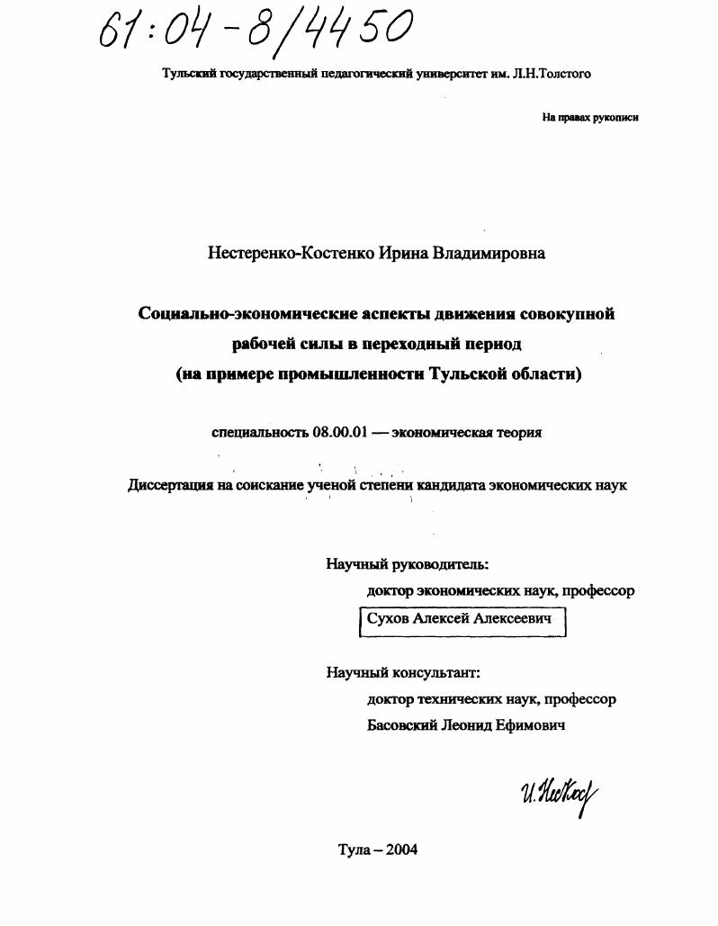 Социально-экономические аспекты движения совокупной рабочей силы в переходный период : На примере промышленности Тульской области