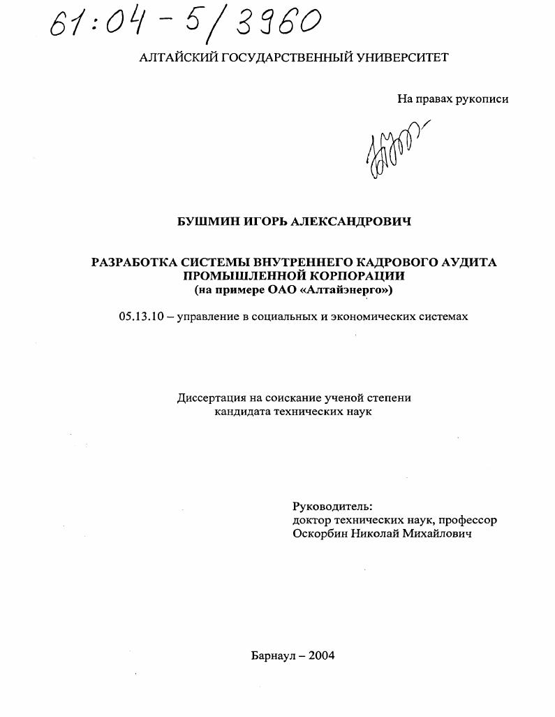 Разработка системы внутреннего кадрового аудита промышленной корпорации : На примере ОАО "Алтайэнерго"