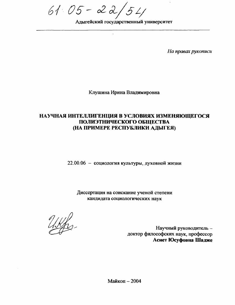 Научная интеллигенция в условиях изменяющегося полиэтнического общества : На примере Республики Адыгея