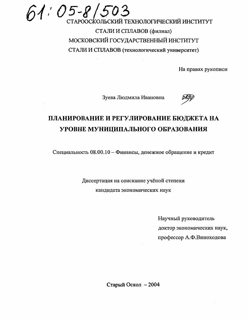 Планирование и регулирование бюджета на уровне муниципального образования