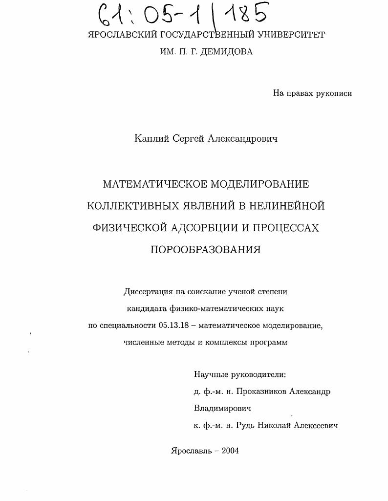 Математическое моделирование коллективных явлений в нелинейной физической адсорбции и процессах порообразования