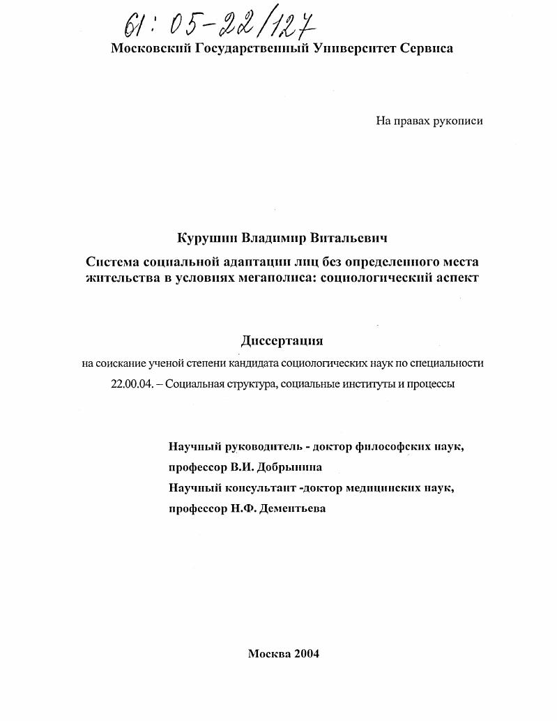 Система социальной адаптации лиц без определенного места жительства в условиях мегаполиса: социологический аспект