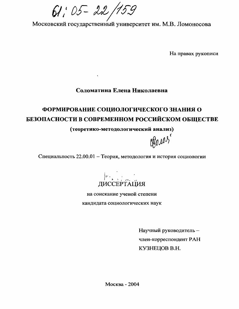 Формирование социологического знания о безопасности в современном российском обществе : Теоретико-методологический анализ