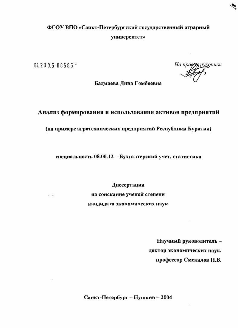 Анализ формирования и использования активов предприятий : На примере агротехнических предприятий Республики Бурятия