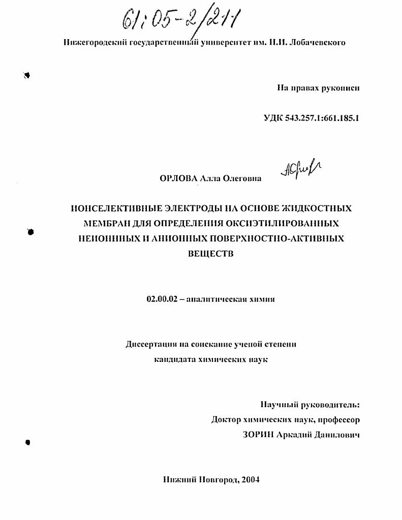 Ионселективные электроды на основе жидкостных мембран для определения оксиэтилированных неионных и анионных поверхностно-активных веществ
