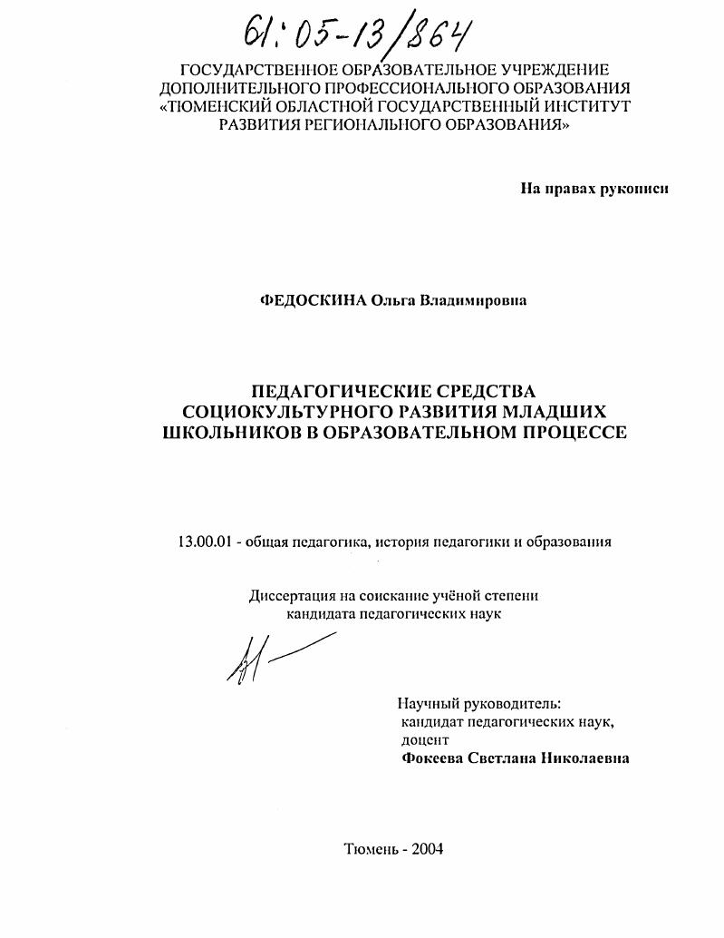 скачать диссертацию Педагогические средства социокультурного развития младших школьников в образовательном процессе Педагогические средства социокультурного развития младших школьников в образовательном процессе