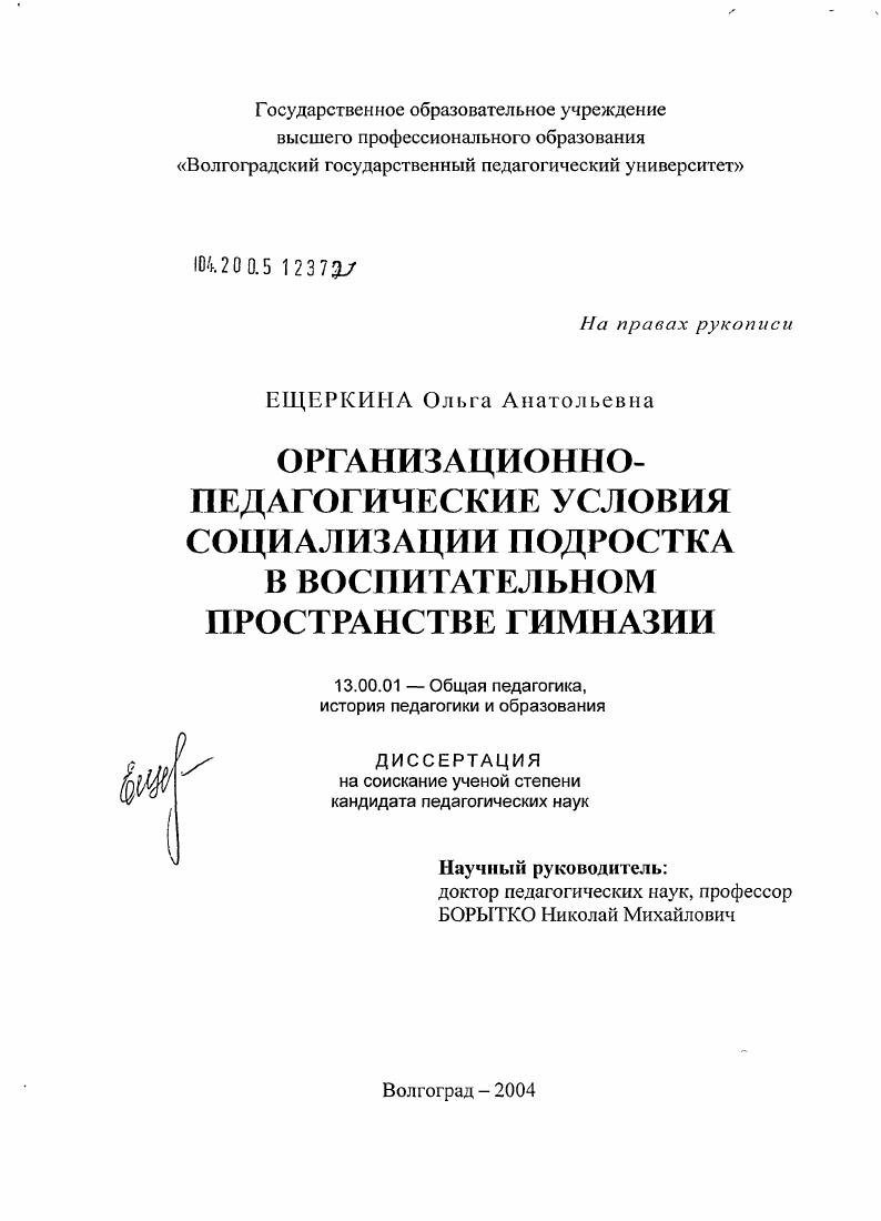 скачать диссертацию Организационно-педагогические условия социализации подростков в воспитательном пространстве гимназии Организационно-педагогические условия социализации подростков в воспитательном пространстве гимназии