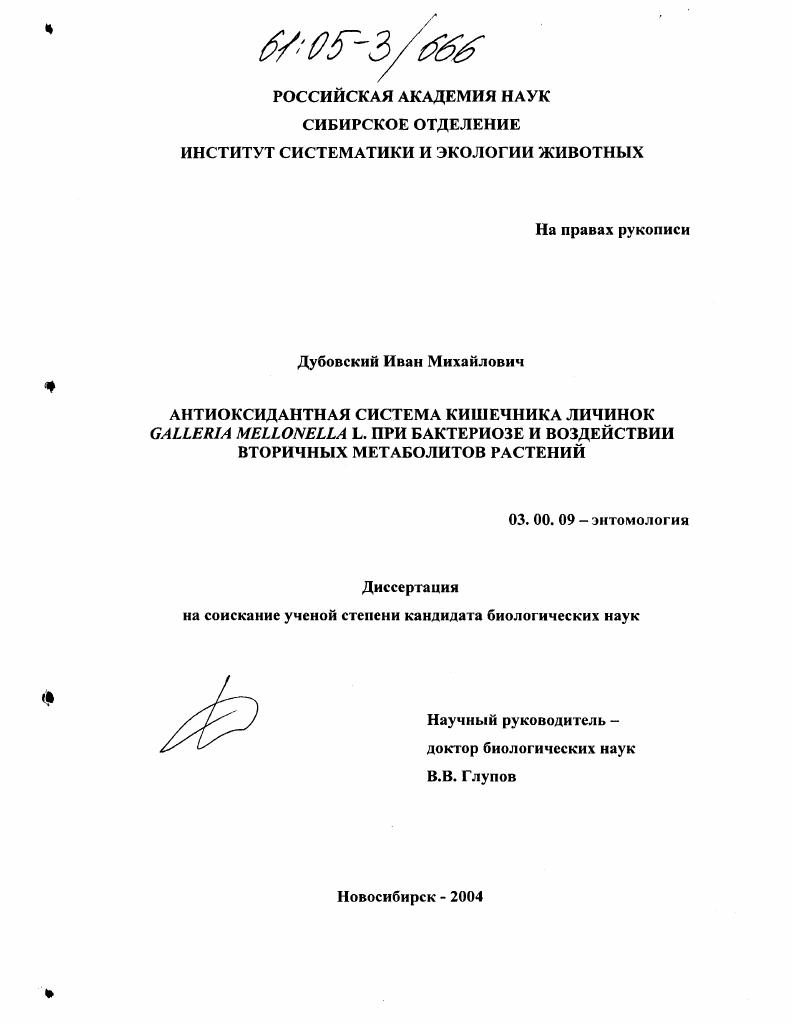 Антиоксидантная система кишечника личинок Galleria mellonella L. при бактериозе и воздействии вторичных метаболитов растений