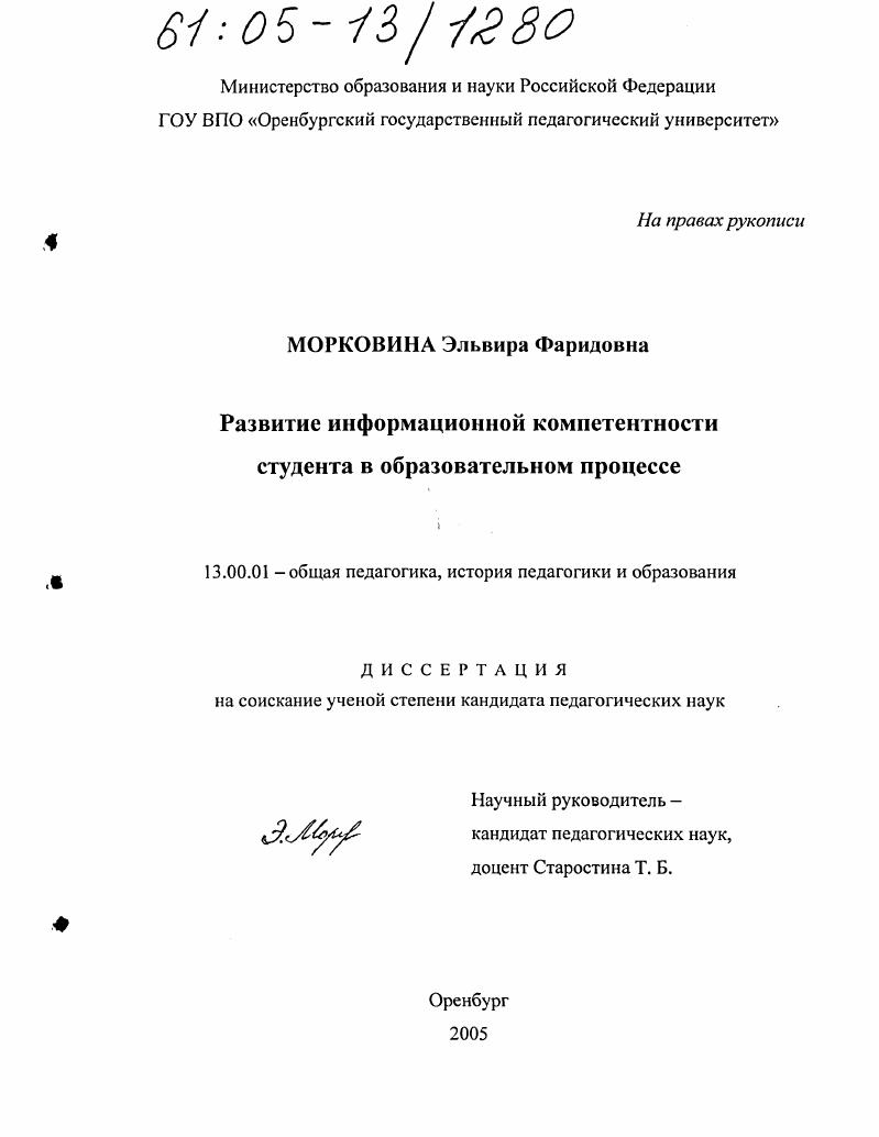 скачать диссертацию Развитие информационной компетентности студента в образовательном процессе Развитие информационной компетентности студента в образовательном процессе