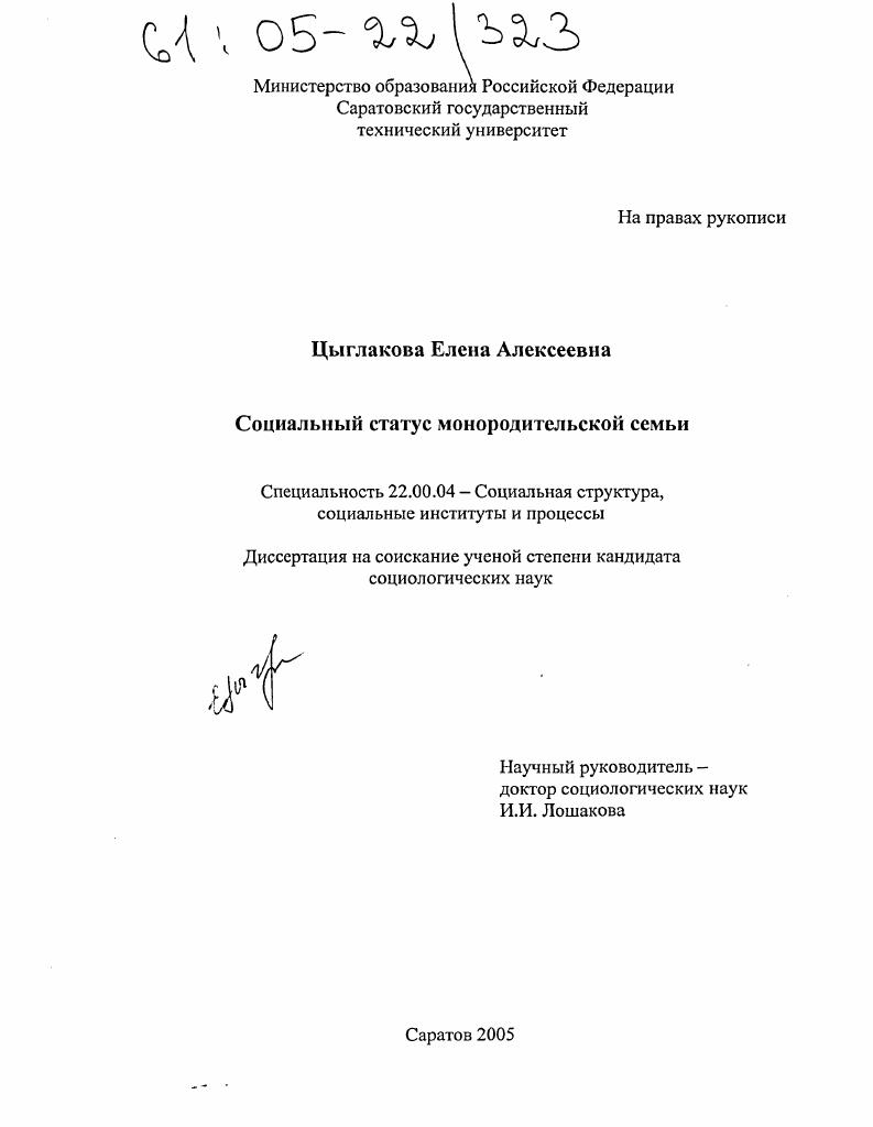 Социальный статус монородительской семьи