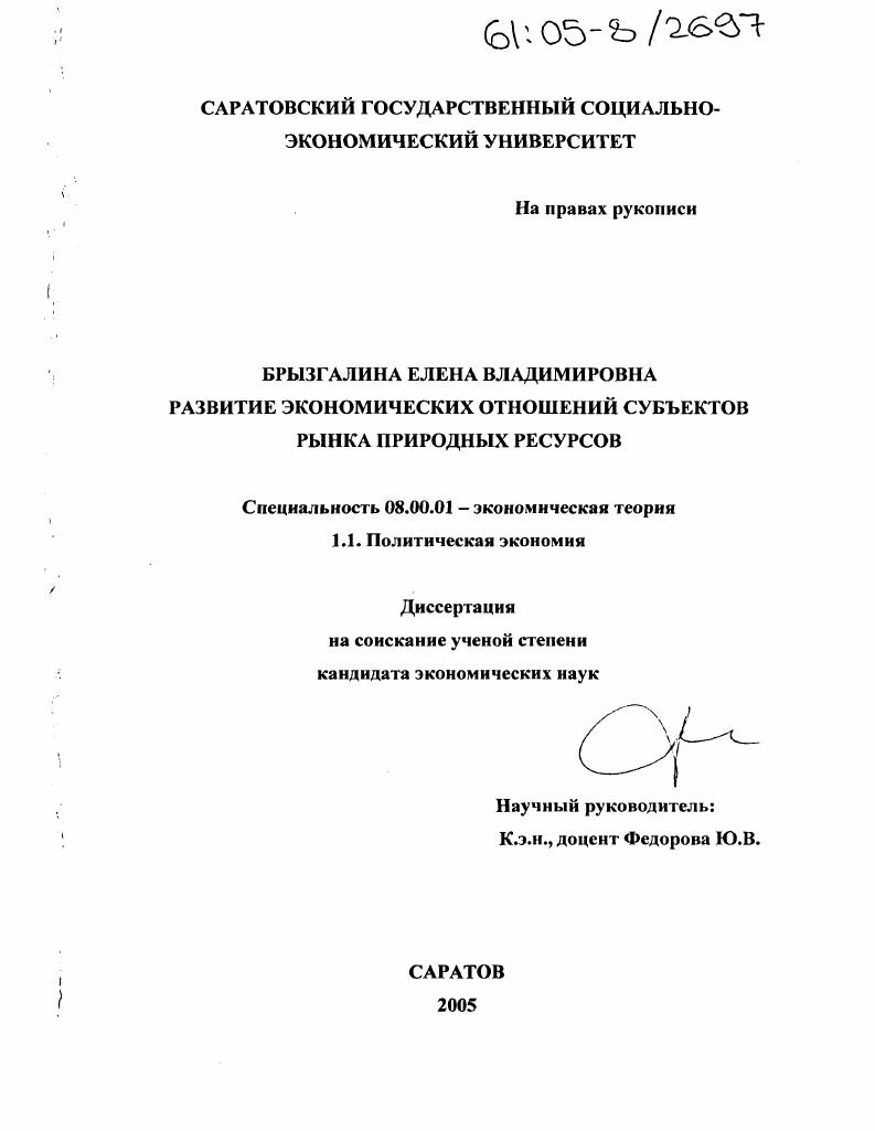 скачать диссертацию Развитие экономических отношений субъектов рынка природных ресурсов Развитие экономических отношений субъектов рынка природных ресурсов