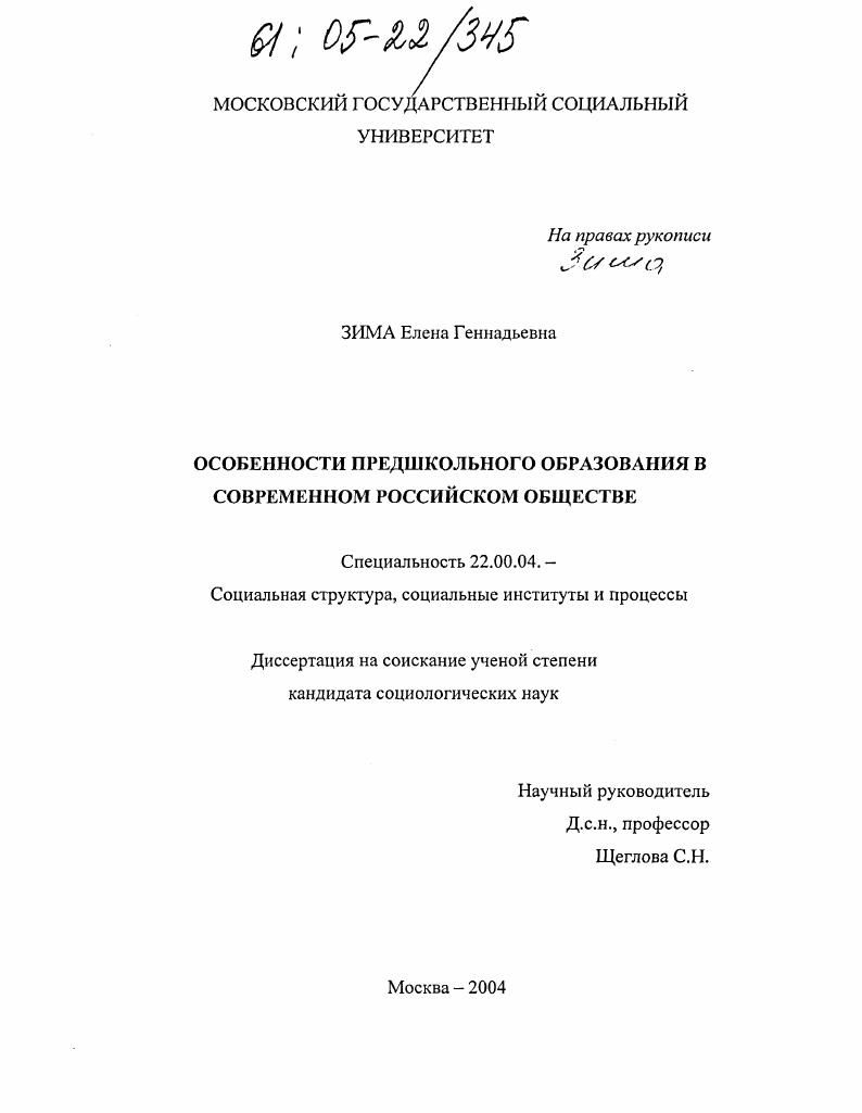 скачать диссертацию Особенности предшкольного образования в современном российском обществе Особенности предшкольного образования в современном российском обществе