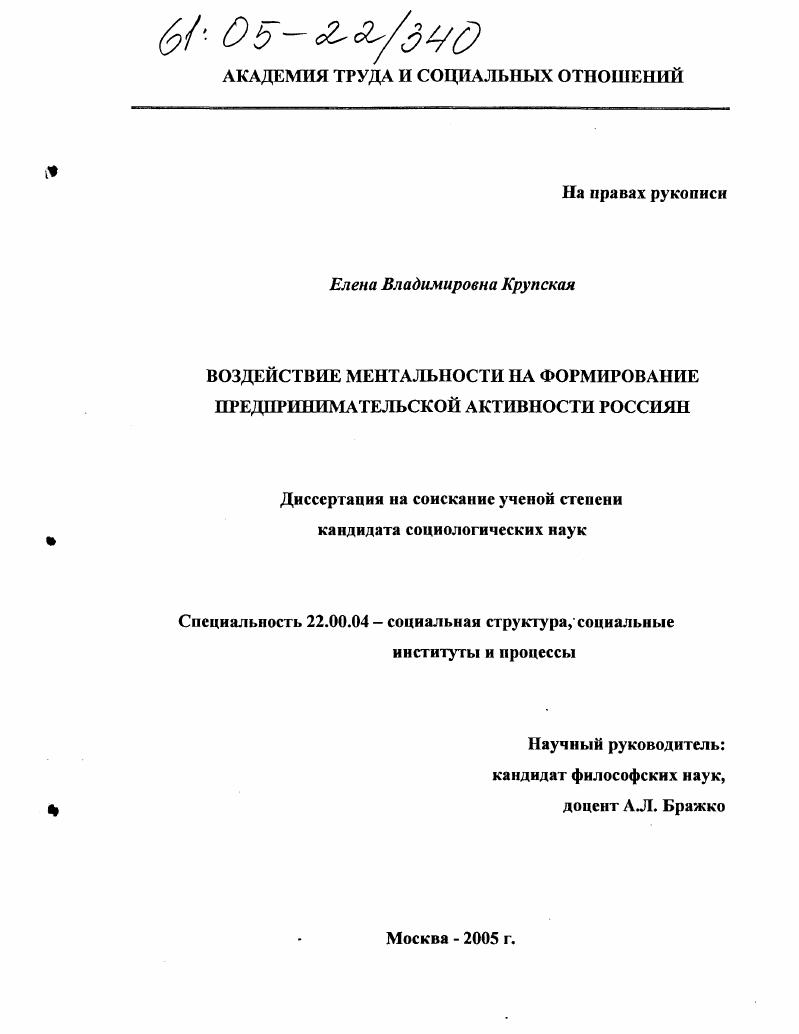 Воздействие ментальности на формирование предпринимательской активности россиян