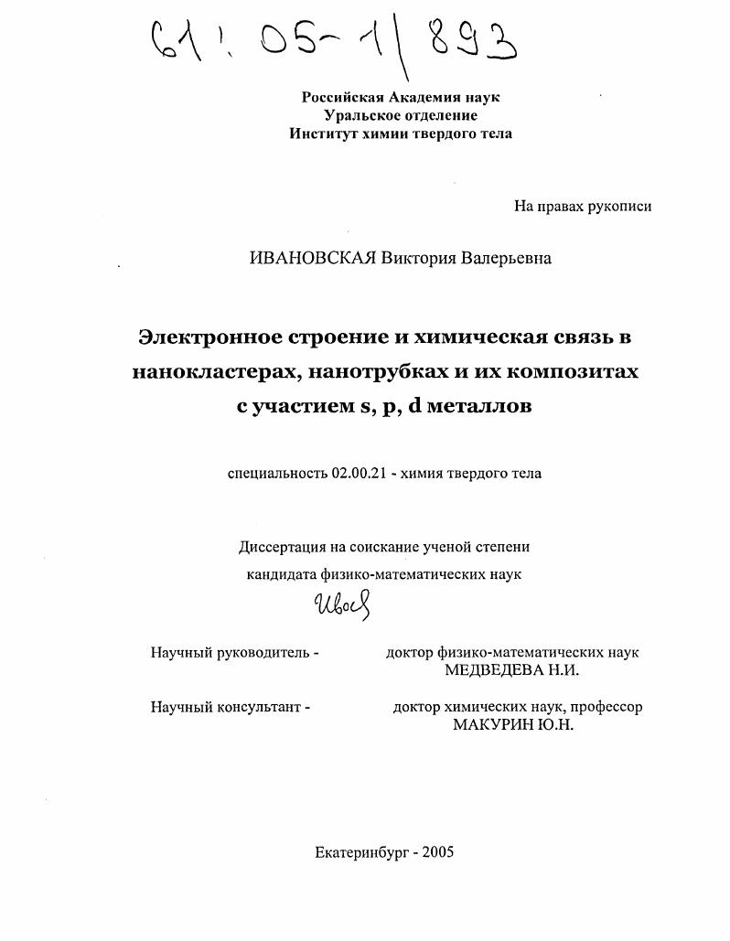 Электронное строение и химическая связь в нанокластерах, нанотрубках и их композитах с участием s, p, d металлов