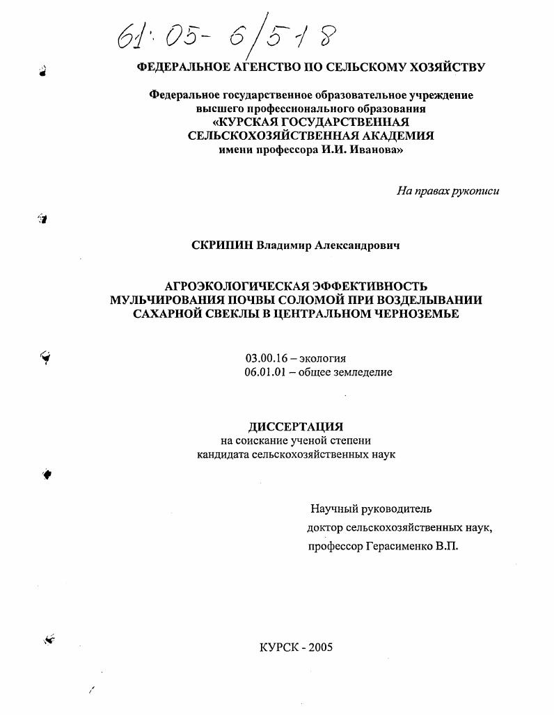 Агроэкологическая эффективность мульчирования почвы соломой при возделывании сахарной свеклы в Центральном Черноземе
