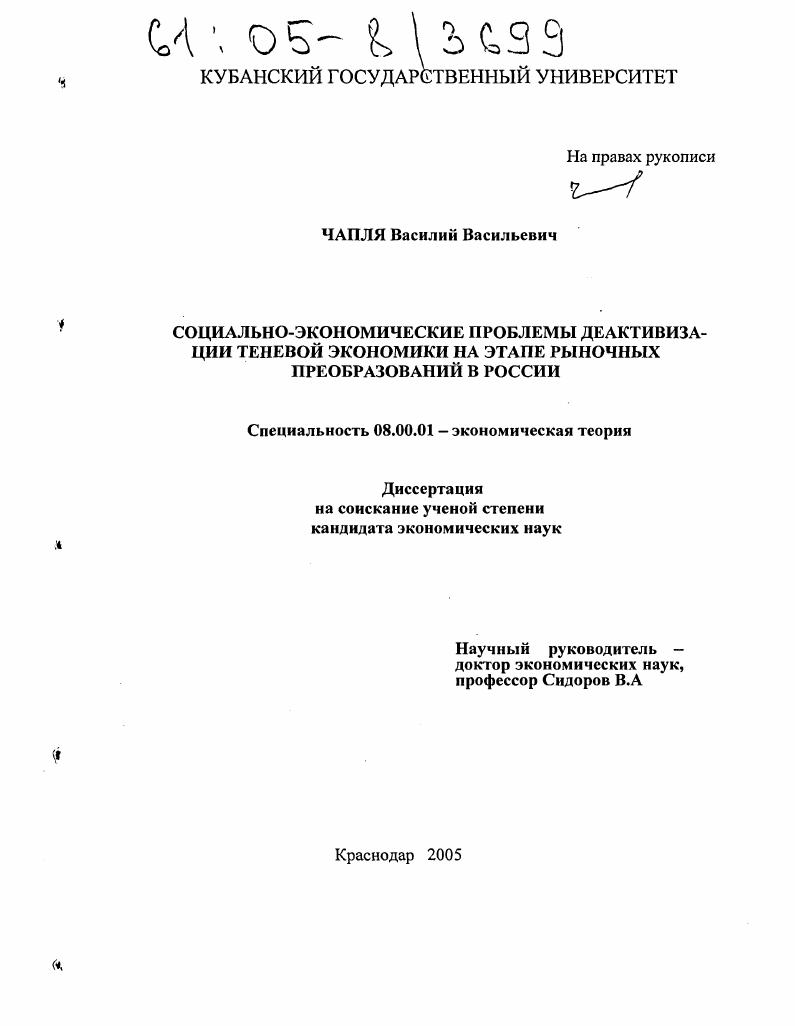 Социально-экономические проблемы деактивизации теневой экономики на этапе рыночных преобразований в России