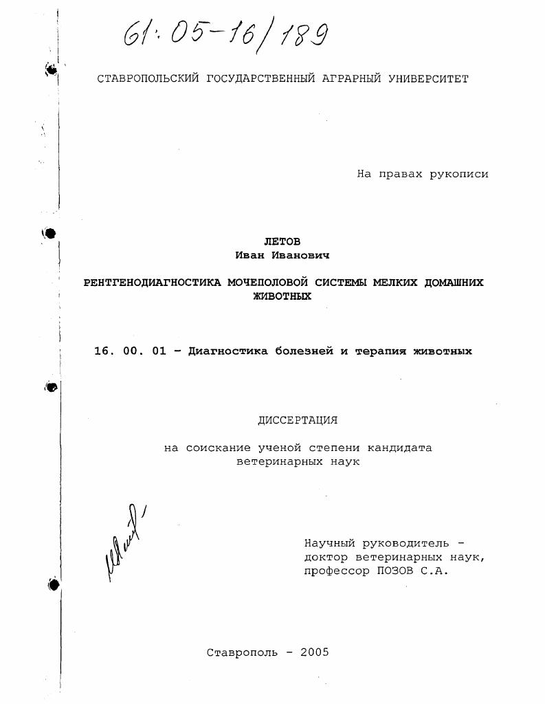 Рентгенодиагностика мочеполовой системы мелких домашних животных
