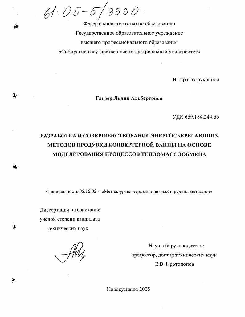 Разработка и совершенствование энергосберегающих методов продувки конвертерной ванны на основе моделирования процессов тепломассообмена