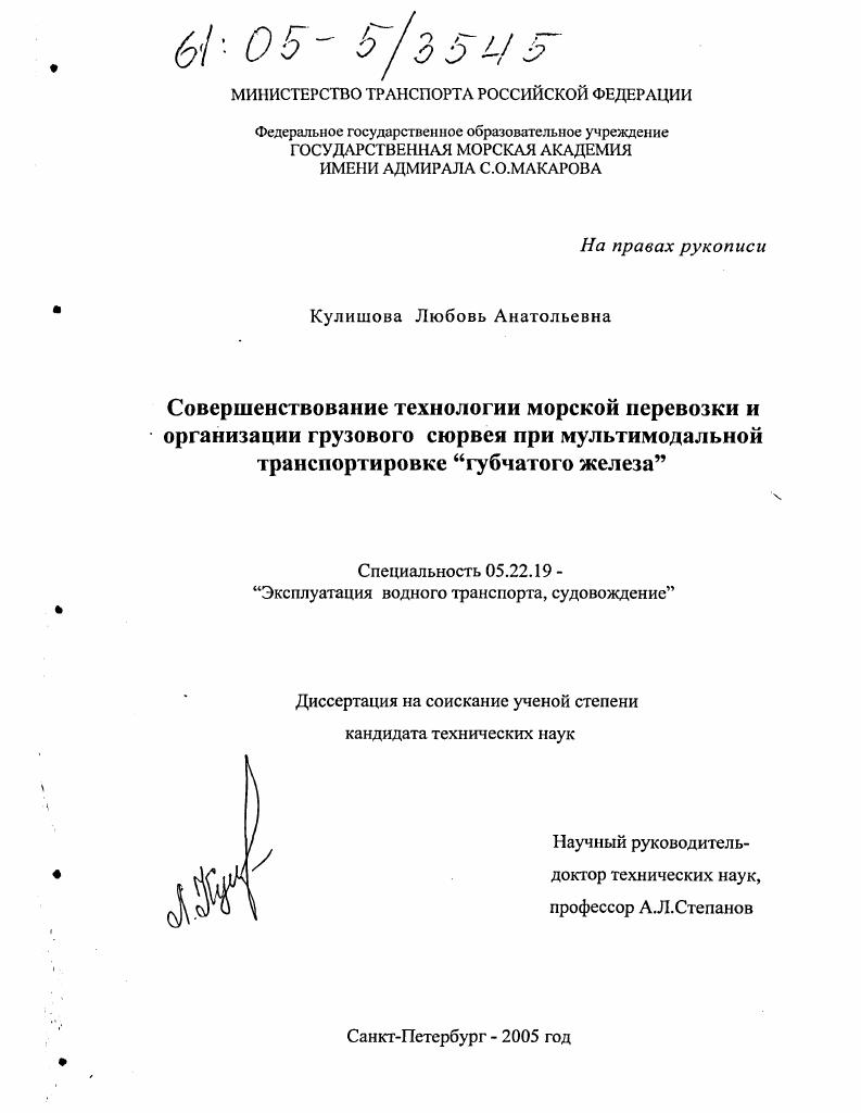 Совершенствование технологии морской перевозки и организации грузового сюрвея при мультимодальной транспортировке "губчатого железа"