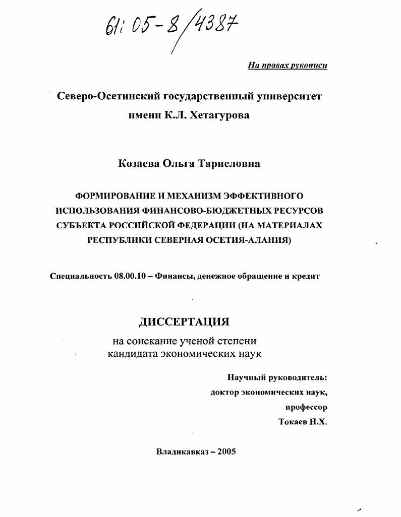 Формирование и механизм эффективного использования финансово-бюджетных ресурсов субъекта Российской Федерации : На материалах Республики Северная Осетия-Алания