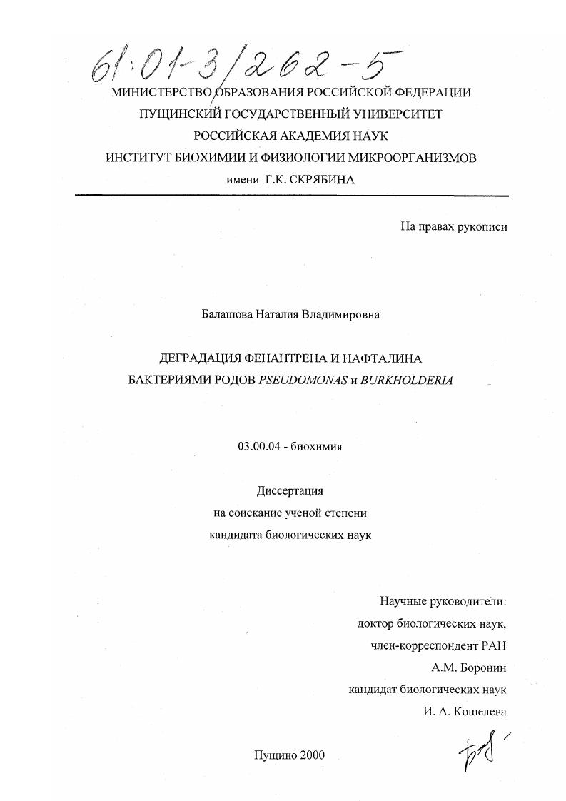 Деградация фенантрена и нафталина бактериями родов Pseudomonas и Burkholderia