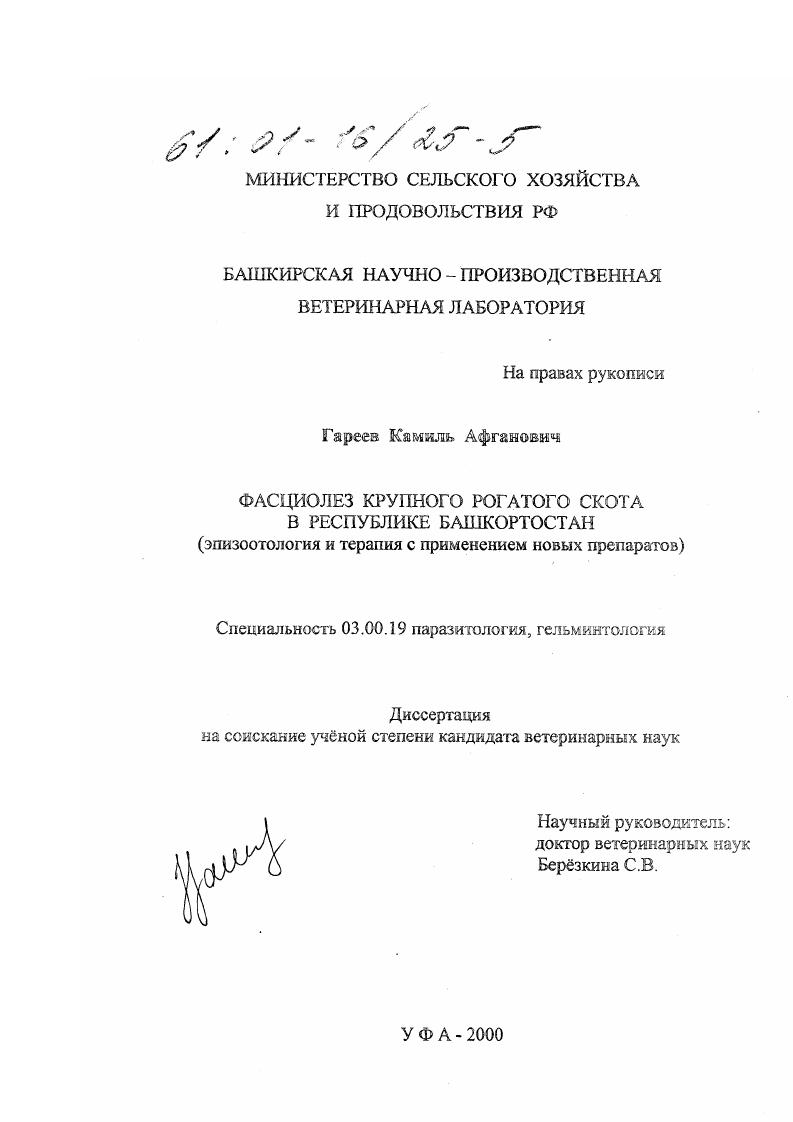 Фасциолез крупного рогатого скота в Республике Башкортостан : Эпизоотология и терапия с применением новых препаратов