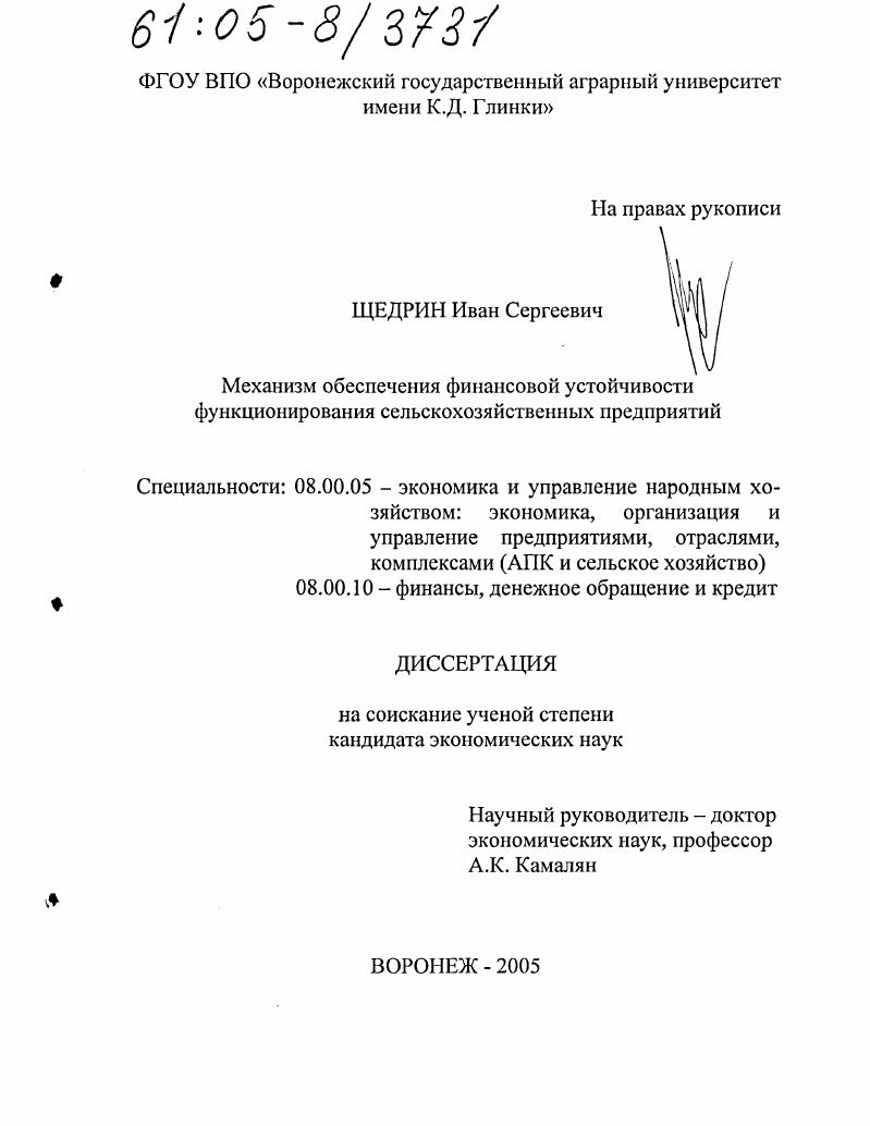 Механизм обеспечения финансовой устойчивости функционирования сельскохозяйственных предприятий